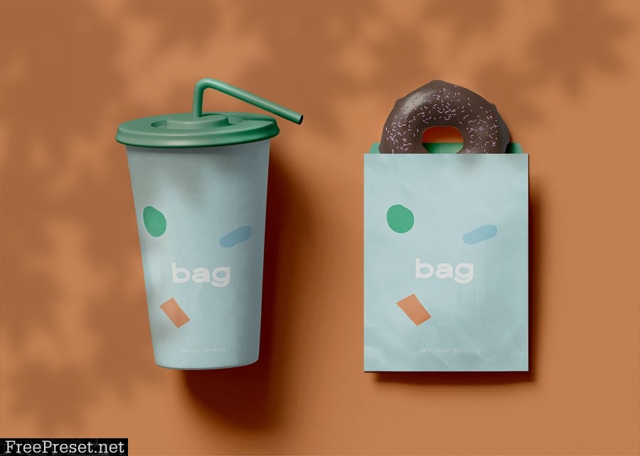 Paper Cup with Bag and Donut Mockup 7RYM7QQ