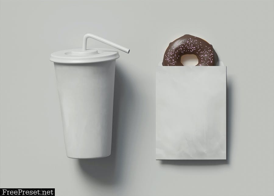 Paper Cup with Bag and Donut Mockup 7RYM7QQ