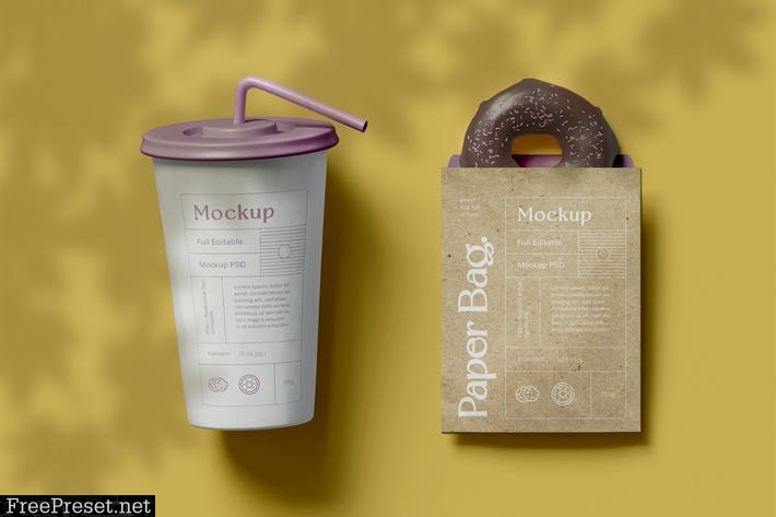 Paper Cup with Bag and Donut Mockup 7RYM7QQ