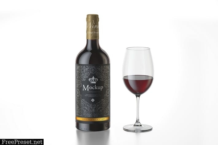 Red Wine with glass Bottle Mockup T7MHR99