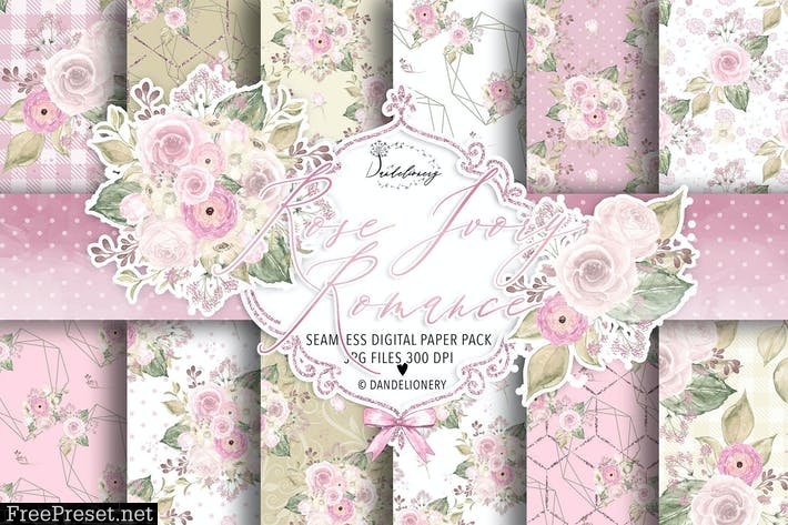 Rose Ivory Romance digital paper pack W86H8FY