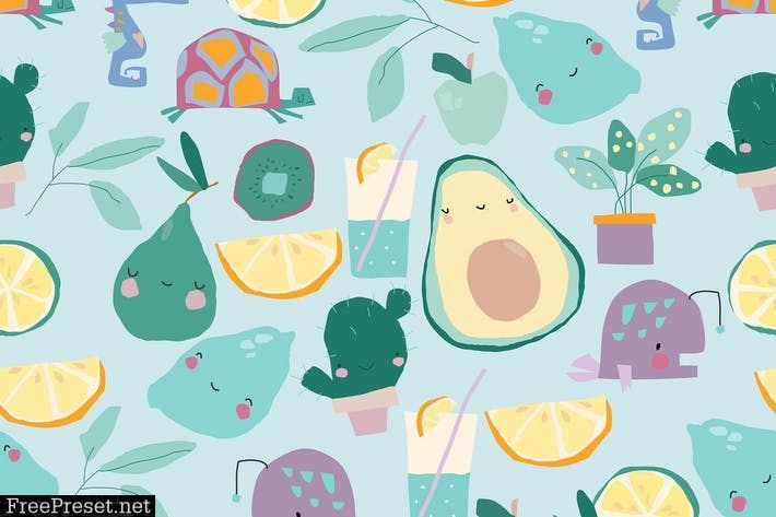 Seamless pattern with Cartoon Fruits and Plants HR6JA6M