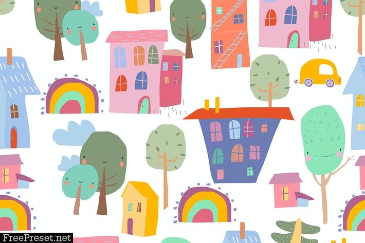 Seamless Pattern with colorful Houses AQ94QRA