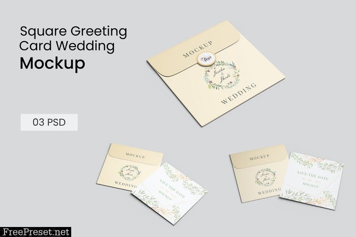 Square Greeting card Wedding and envelope mockup C69673E