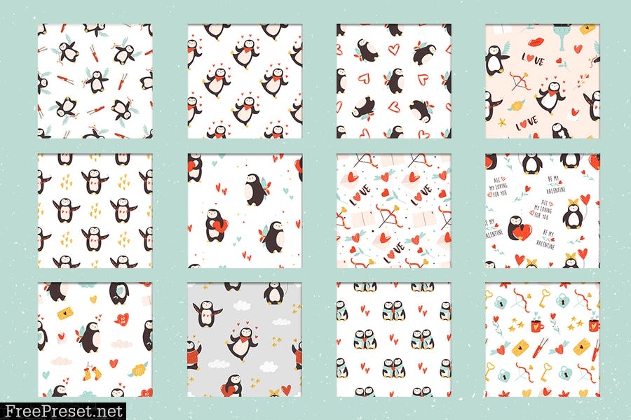 Valentine's Seamless Patterns with Penguins DTBSRHW