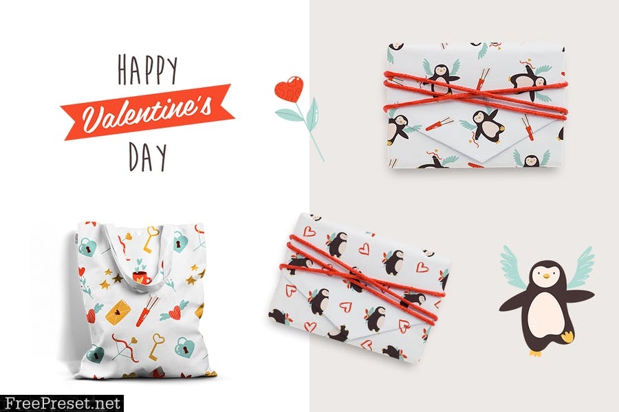 Valentine's Seamless Patterns with Penguins DTBSRHW