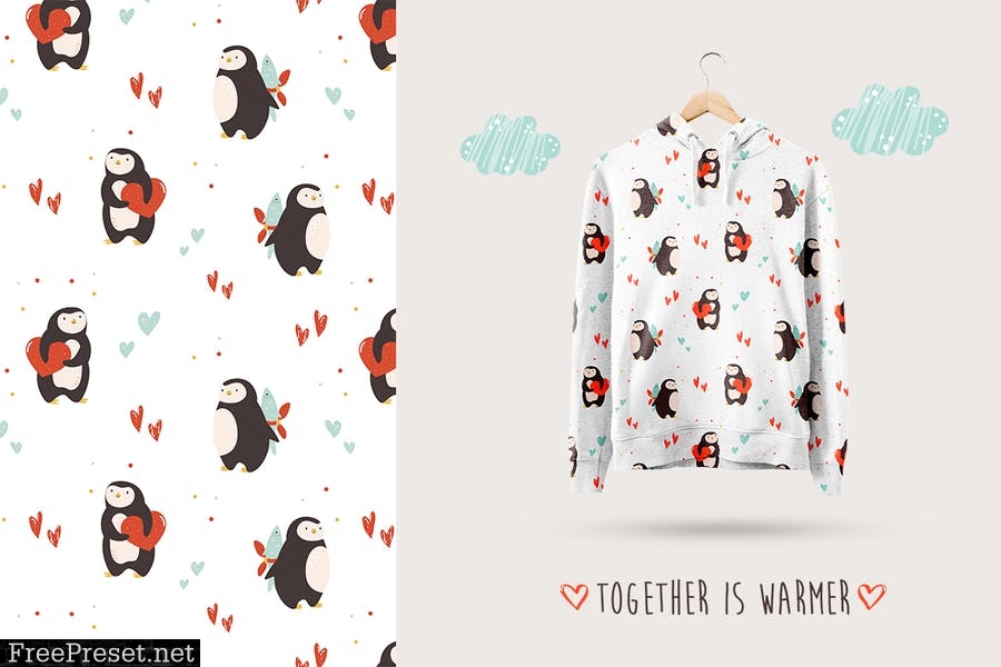 Valentine's Seamless Patterns with Penguins DTBSRHW