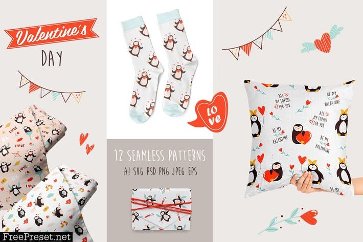 Valentine's Seamless Patterns with Penguins DTBSRHW