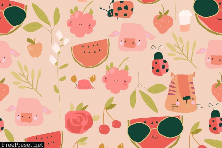 Vector Seamless pattern with Cartoon Fruits, W2G2FJY