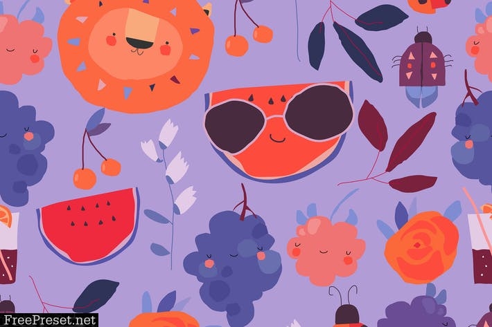 Vector Seamless pattern with Cartoon Fruits, WUVKTX6