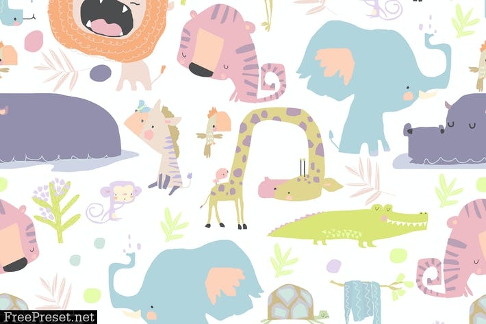 Vector Seamless Pattern with color wild Animals 6U6GM2R