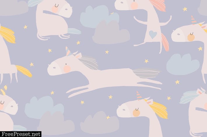 Vector Seamless Pattern with cute Unicorns, Clouds TVFRLM7