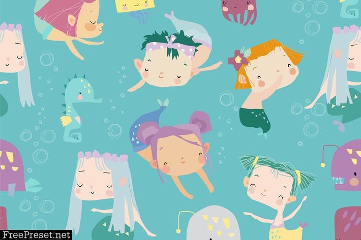 Vector Seamless Pattern with Mermaids XFDV56H