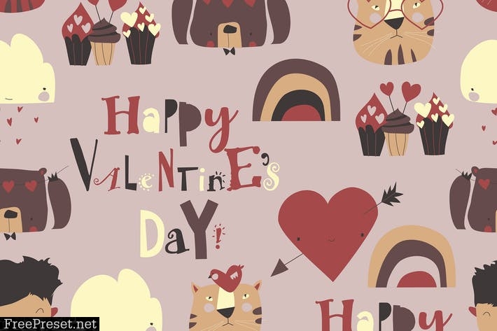 Vector Seamless pattern with Valentines Day elemen FF2BKDP