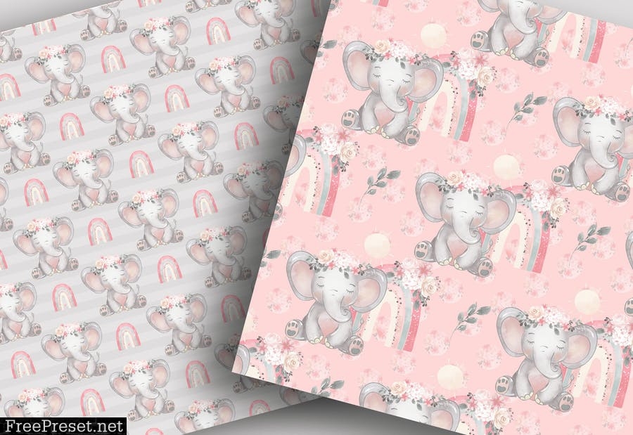 Watercolor Baby Elephant digital paper pack SUK5YSW