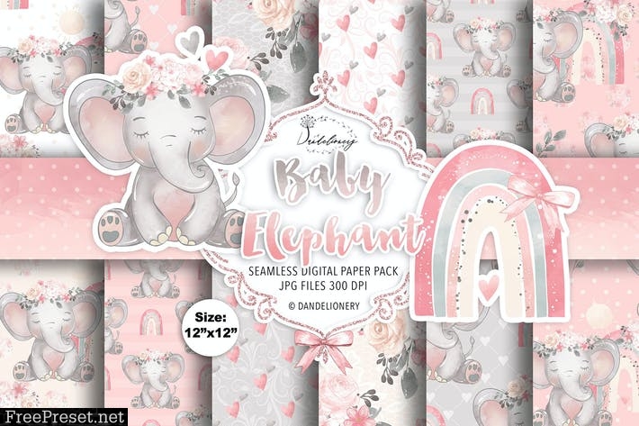 Watercolor Baby Elephant digital paper pack SUK5YSW