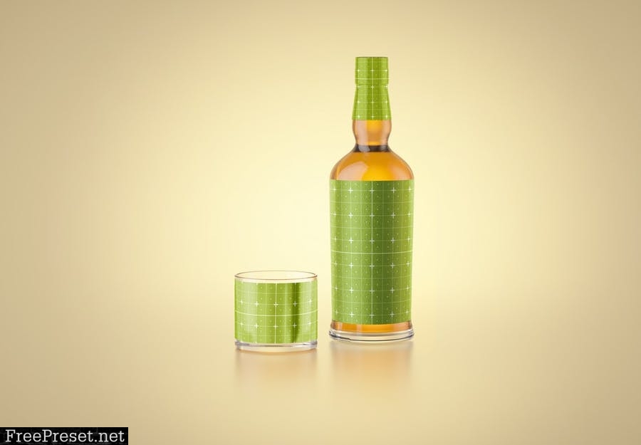 Whiskey Bottle and Glass Mockup GJAQSVW