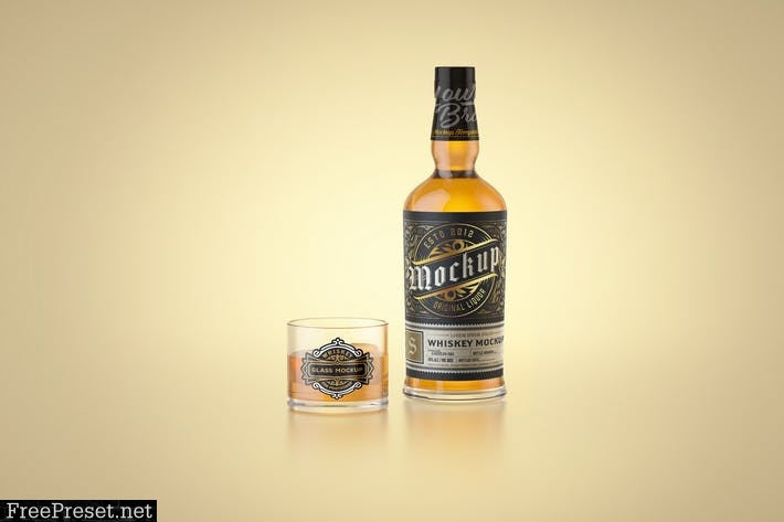 Whiskey Bottle and Glass Mockup GJAQSVW