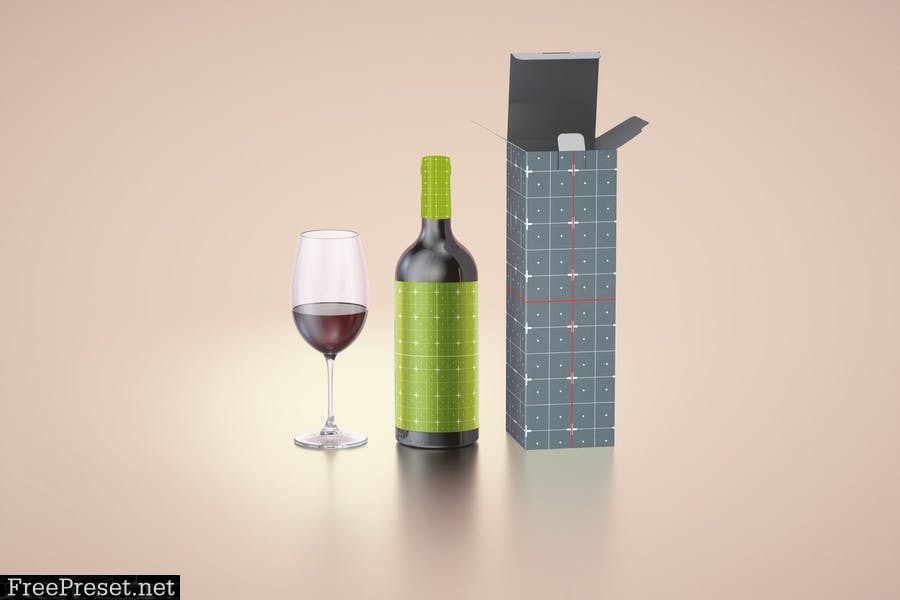 Wine Bottle, Box and Glass Mockup UK9M2GQ