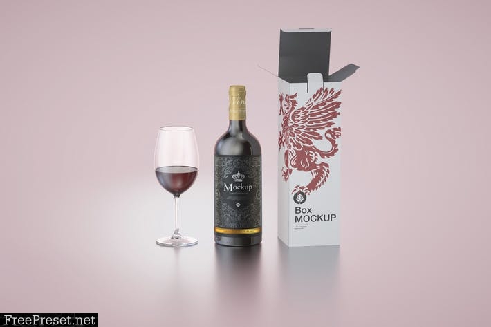 Download Wine Bottle Box And Glass Mockup Uk9m2gq