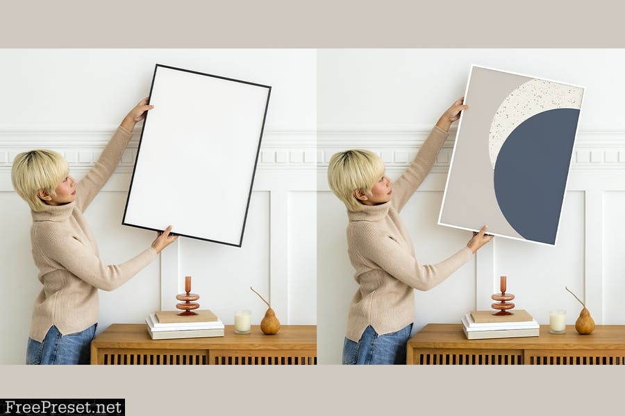 Woman hanging a photo frame on a white wall mockup