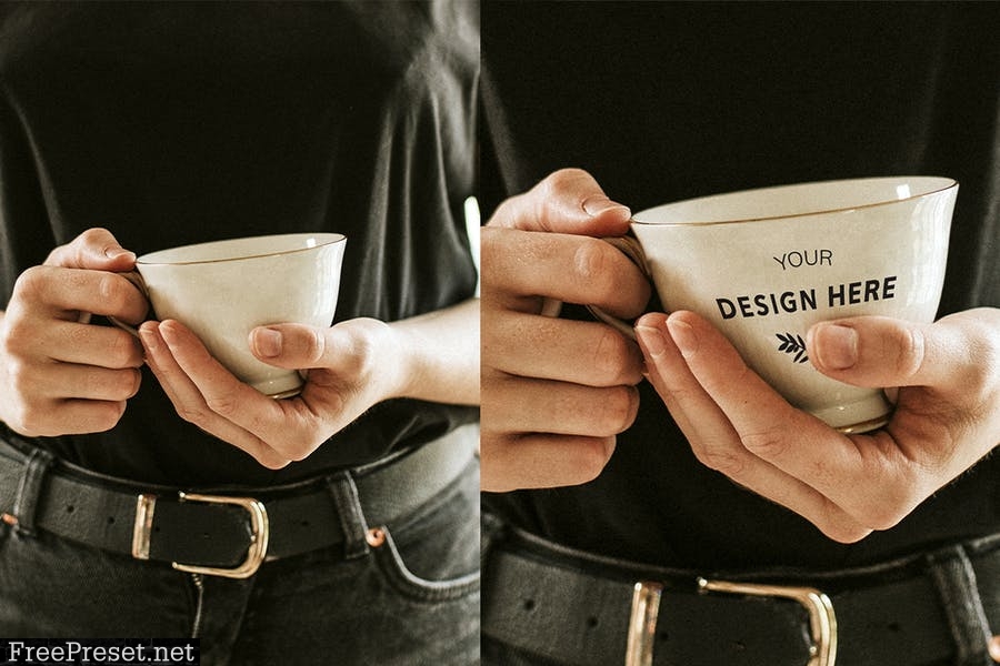 Woman with a tea cup mockup in her hands psd BNHLK5E