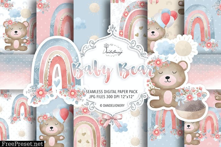 Baby Bear Nursery digital paper pack LUE3UNF