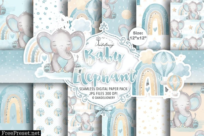 Baby Elephant Boy digital paper pack KYM2T4L