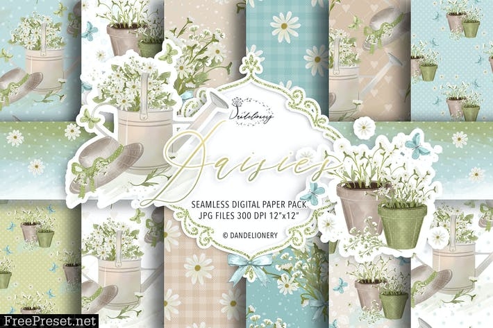 Daisies Garden Flower digital paper pack LQEQ8PF