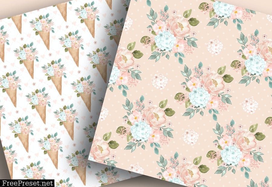 Floral Ice Cream Cone digital papers NUPQ7A2