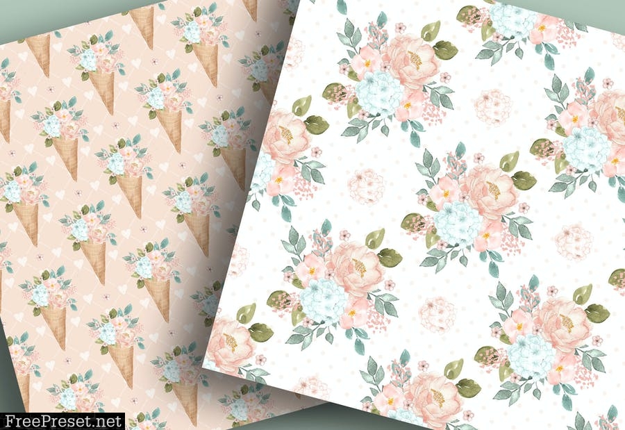 Floral Ice Cream Cone digital papers NUPQ7A2