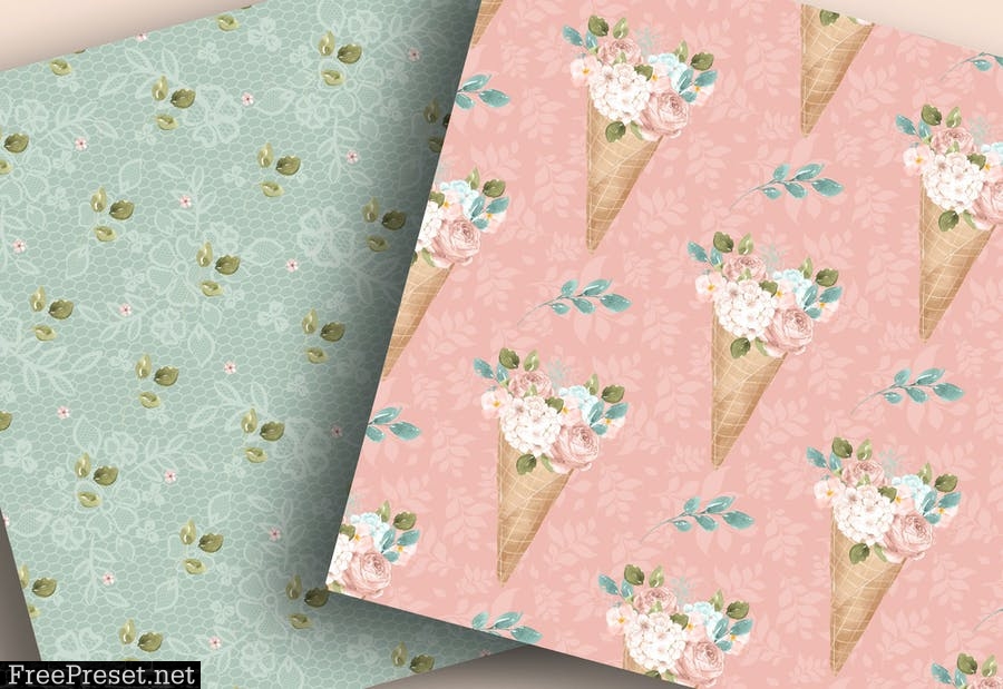 Floral Ice Cream Cone digital papers NUPQ7A2