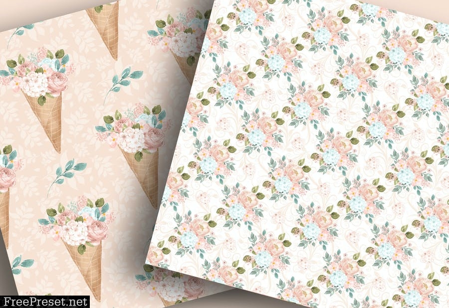 Floral Ice Cream Cone digital papers NUPQ7A2