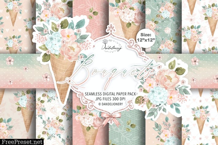 Floral Ice Cream Cone digital papers NUPQ7A2