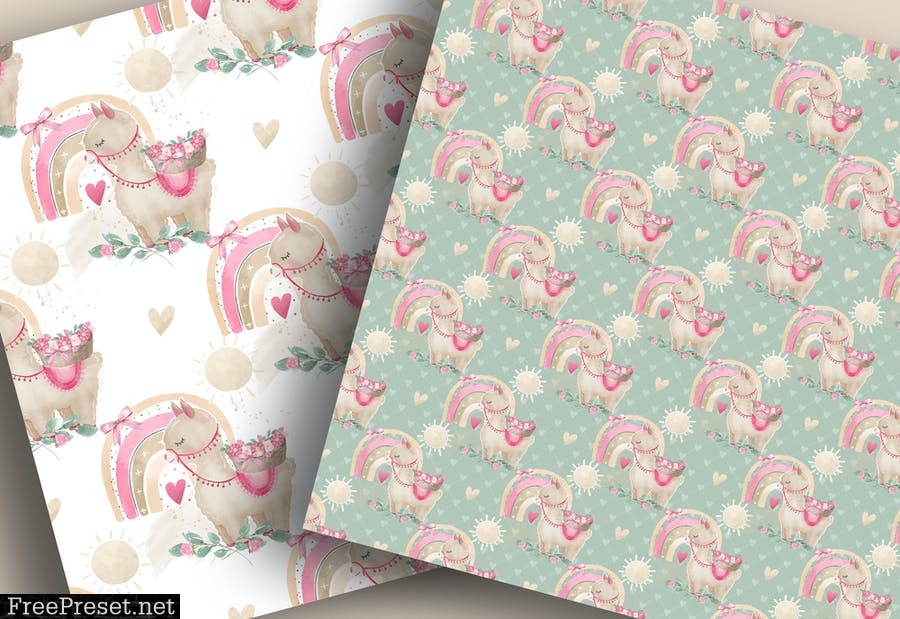 Hot Air Balloon Rainbow Llama Girl digital papers VB29EBE