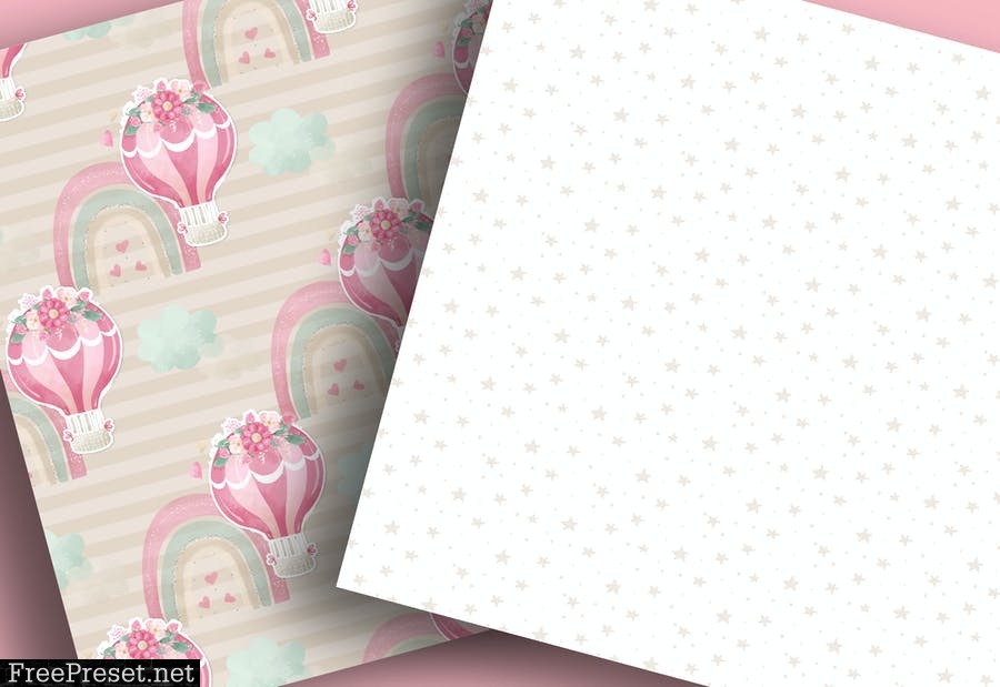 Hot Air Balloon Rainbow Llama Girl digital papers VB29EBE