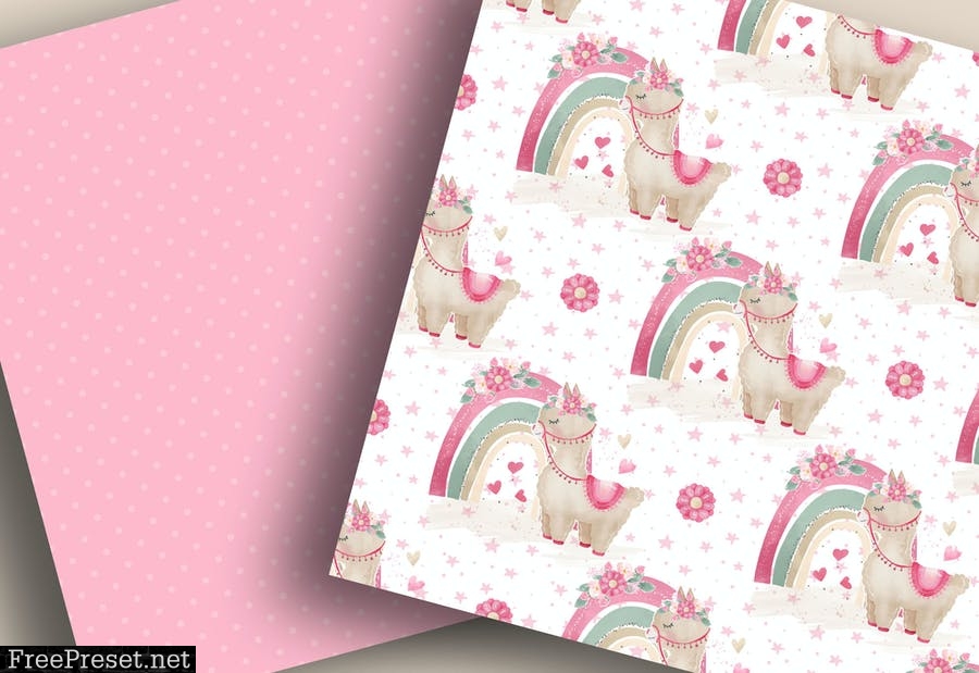 Hot Air Balloon Rainbow Llama Girl digital papers VB29EBE