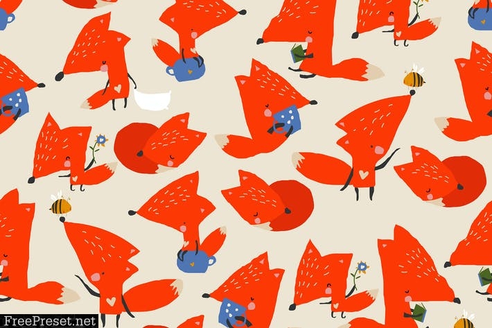 Vector Seamless pattern with cute foxes HB8W6U6