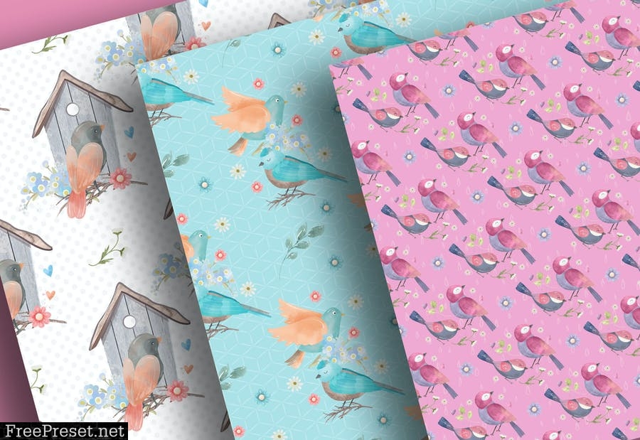 Watercolor Birds digital paper pack N4QRC4F