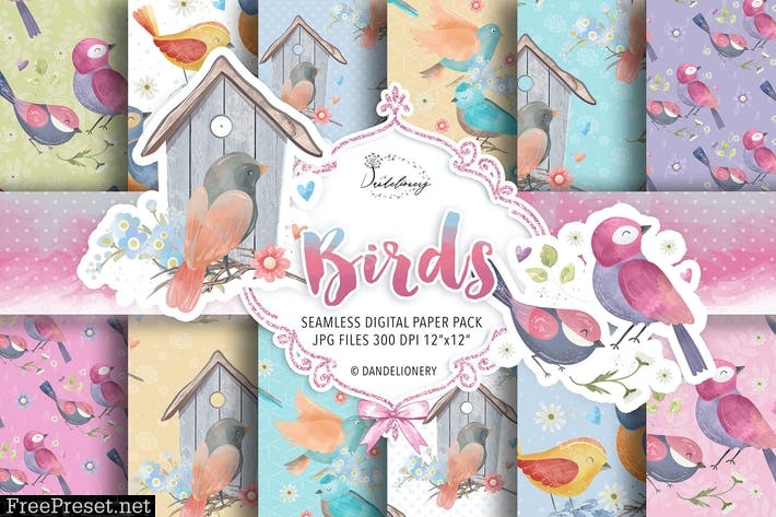 Watercolor Birds digital paper pack N4QRC4F