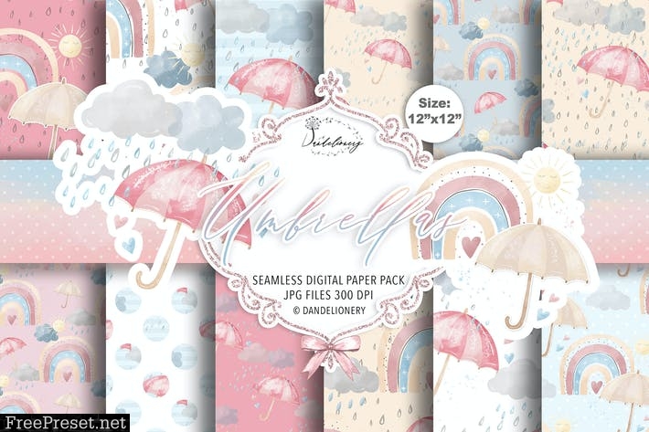 Watercolor Umbrellas digital paper pack LR45J6J