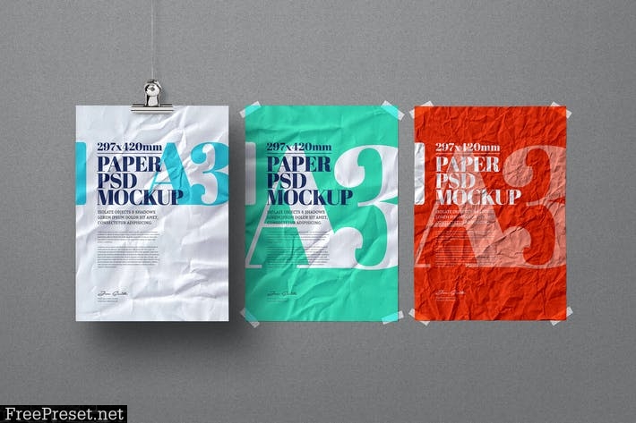 A3 Flyer Poster Mockup Crumpled Hanging Adhesive SAZRSJK