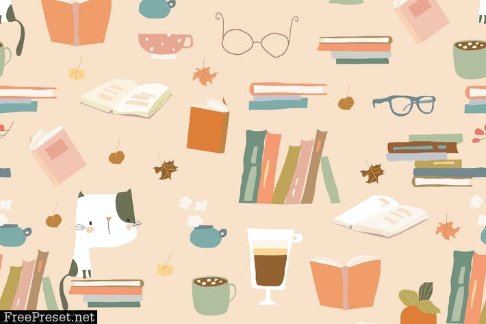 Vector Seamless pattern with Books, Cups 7GMBG9J