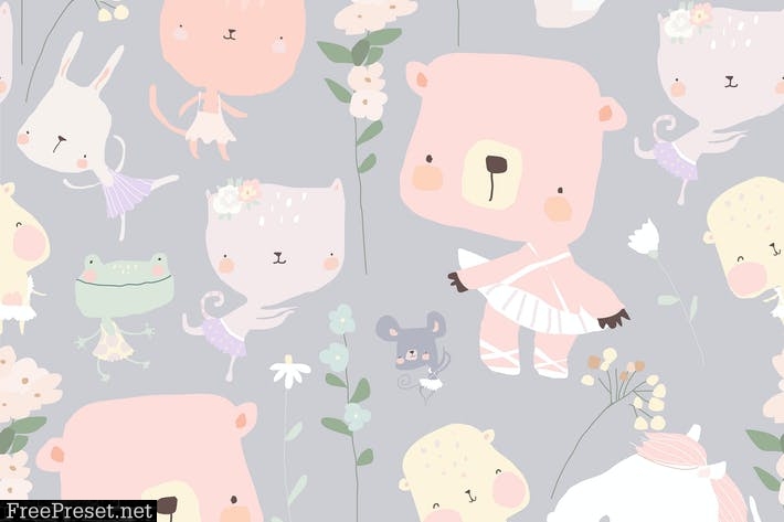 Vector Seamless pattern with funny little animals APMN89Y