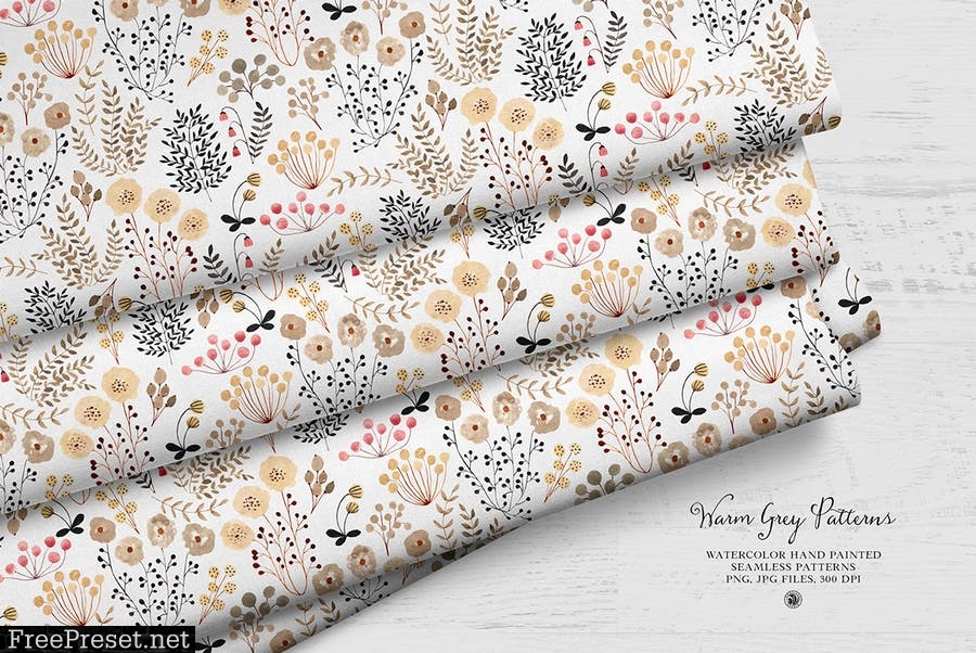 Warm Grey Watercolor Floral Patterns Set XMUU389