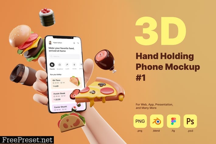 3D Hand Holding Phone Mockup for Food Industry Q6KJPKM