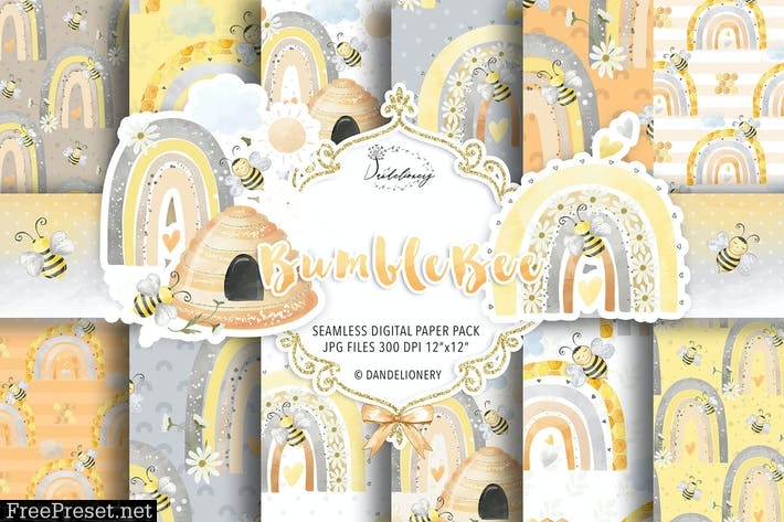 Bumble Bee Rainbow digital paper pack JD63J4X