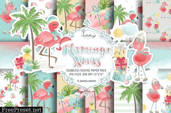 Flamingo Christmas digital paper pack
