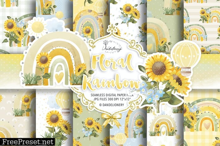 Floral Rainbow Sunflower digital paper pack T9USRS6