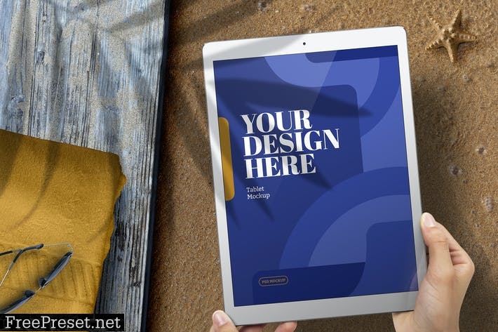 Hands Holding Tablet Mockup Pro Beach Sand Nature 8E7X7MC